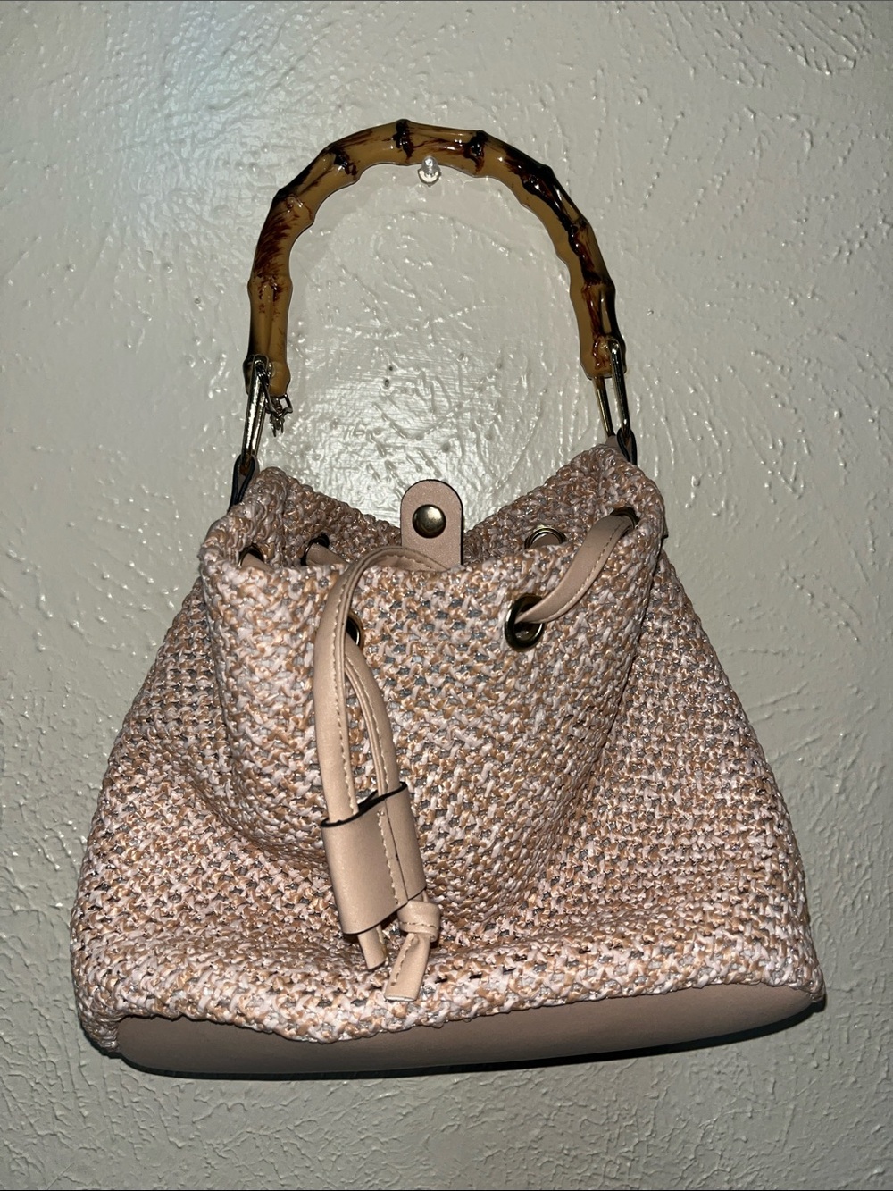 Woven Drawstring Top-Handle Bag in Blush